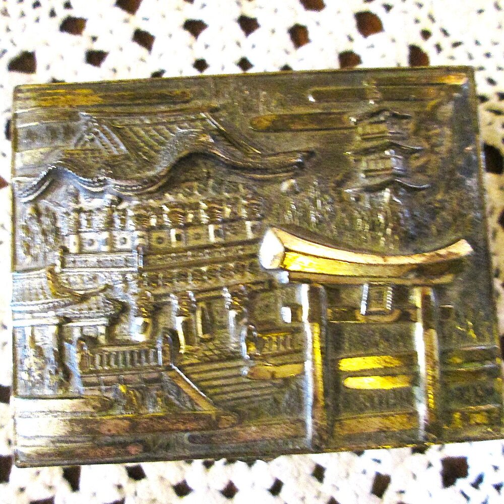 Antiq Original Silvered Copper Japanese Trinket/Cigarette Box W/Pagoda Scene 190